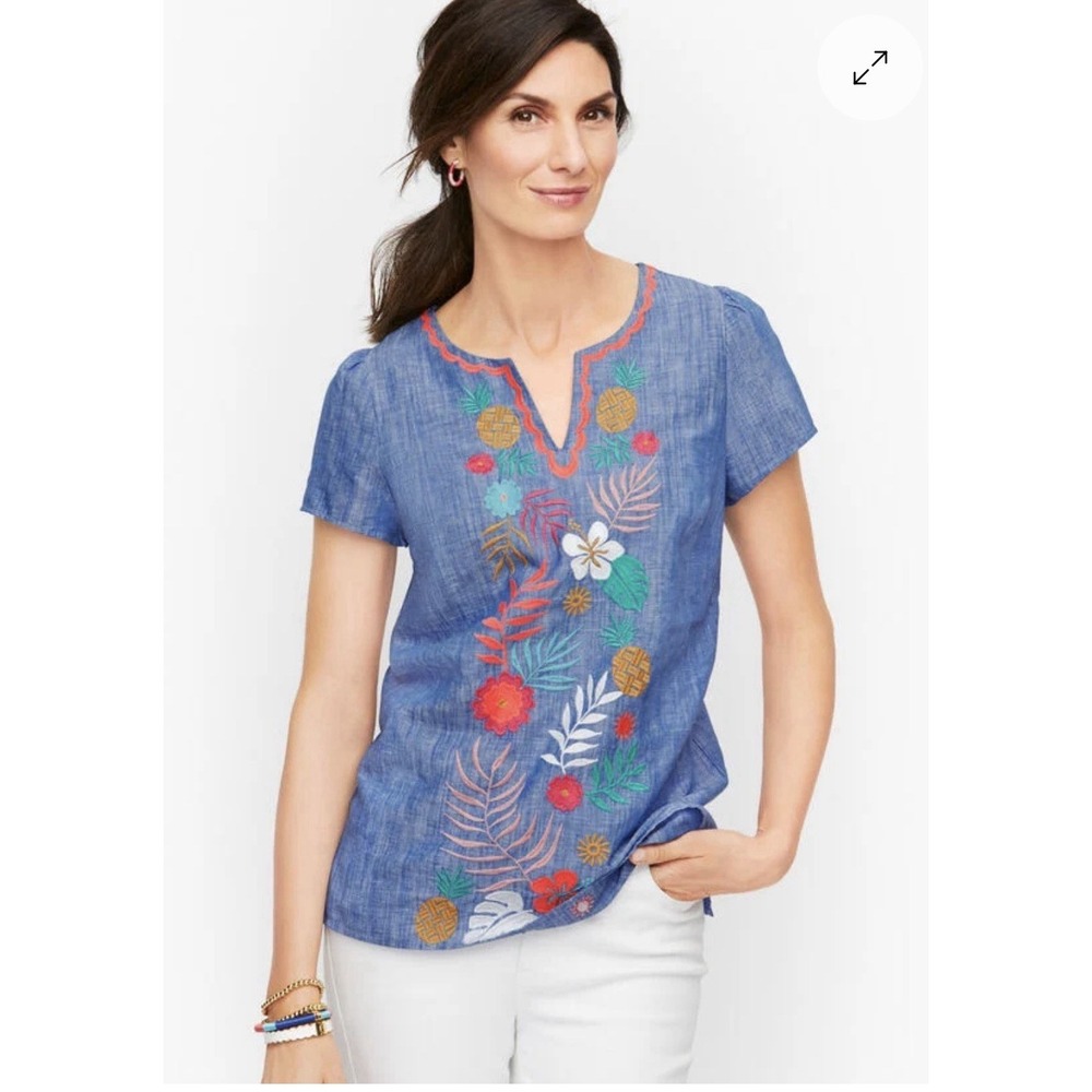 Talbots Top Large Linen Cotton Tropical Embroidered Vacation Resort #I4-2